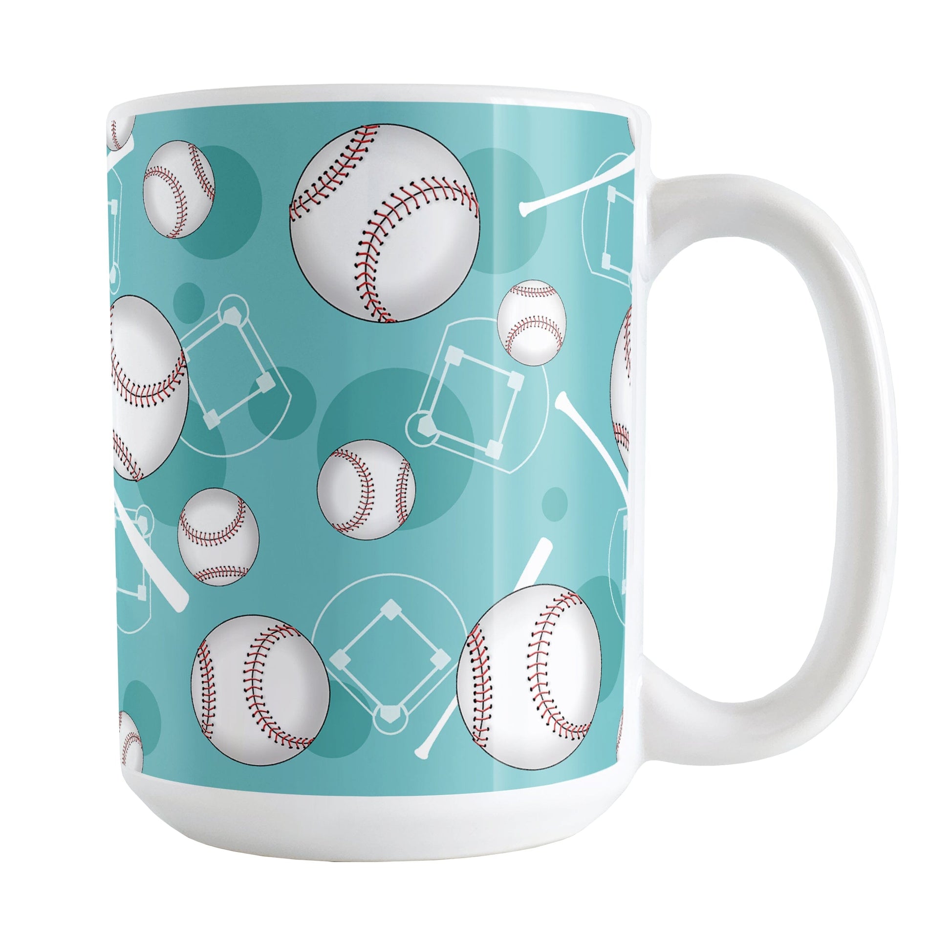 Teal Baseball Pattern Mug (15oz) at Amy's Coffee Mugs. A ceramic coffee mug designed with a pattern of baseballs, baseball diamonds, baseball bats, and teal circles over a light teal background color that wraps around the mug up to the handle.