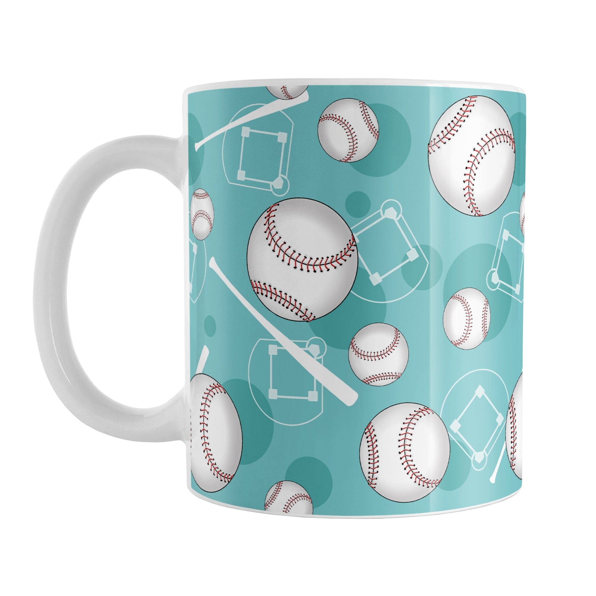 Teal Baseball Pattern Mug (11oz) at Amy's Coffee Mugs. A ceramic coffee mug designed with a pattern of baseballs, baseball diamonds, baseball bats, and teal circles over a light teal background color that wraps around the mug up to the handle.