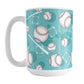 Teal Baseball Pattern Mug (15oz) at Amy's Coffee Mugs. A ceramic coffee mug designed with a pattern of baseballs, baseball diamonds, baseball bats, and teal circles over a light teal background color that wraps around the mug up to the handle.