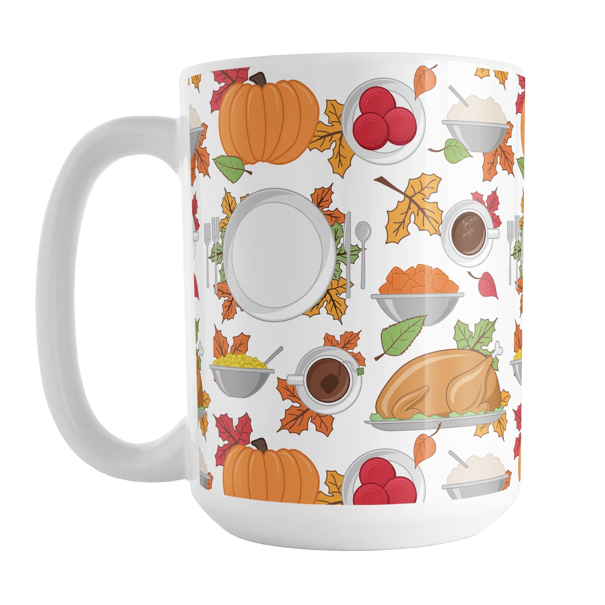 Thanksgiving Dinner Pattern Mug (15oz) at Amy's Coffee Mugs. A ceramic coffee mug designed with Thanksgiving foods for dinner and fall leaves in a pattern that wraps around the mug to the handle. Turkey, pumpkins, mashed potatoes, sweet potatoes, corn, and cranberry sauce, along with a place setting, coffee, and tea are artfully arranged in this intricate design.