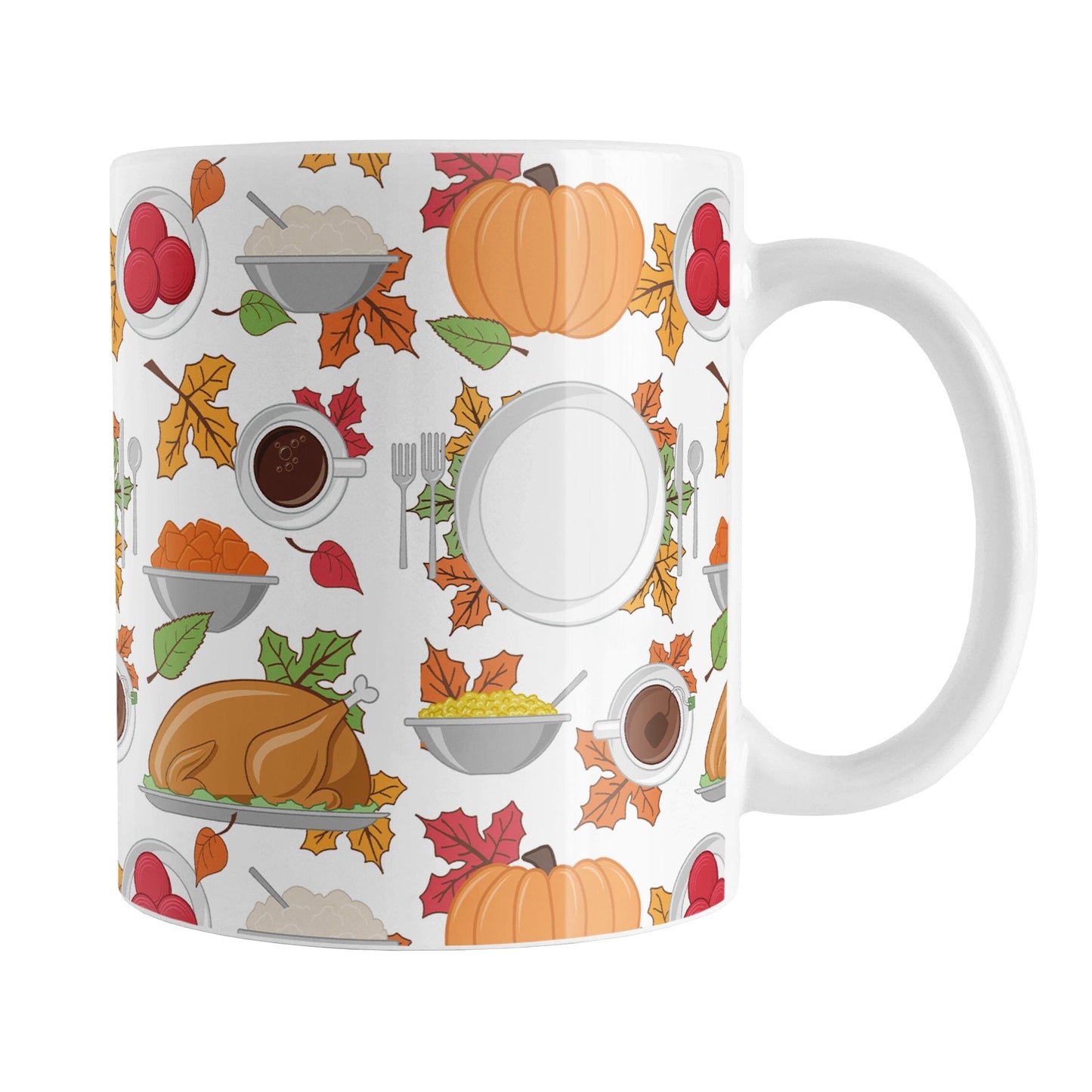 Thanksgiving Dinner Pattern Mug (11oz) at Amy's Coffee Mugs. A ceramic coffee mug designed with Thanksgiving foods for dinner and fall leaves in a pattern that wraps around the mug to the handle. Turkey, pumpkins, mashed potatoes, sweet potatoes, corn, and cranberry sauce, along with a place setting, coffee, and tea are artfully arranged in this intricate design.