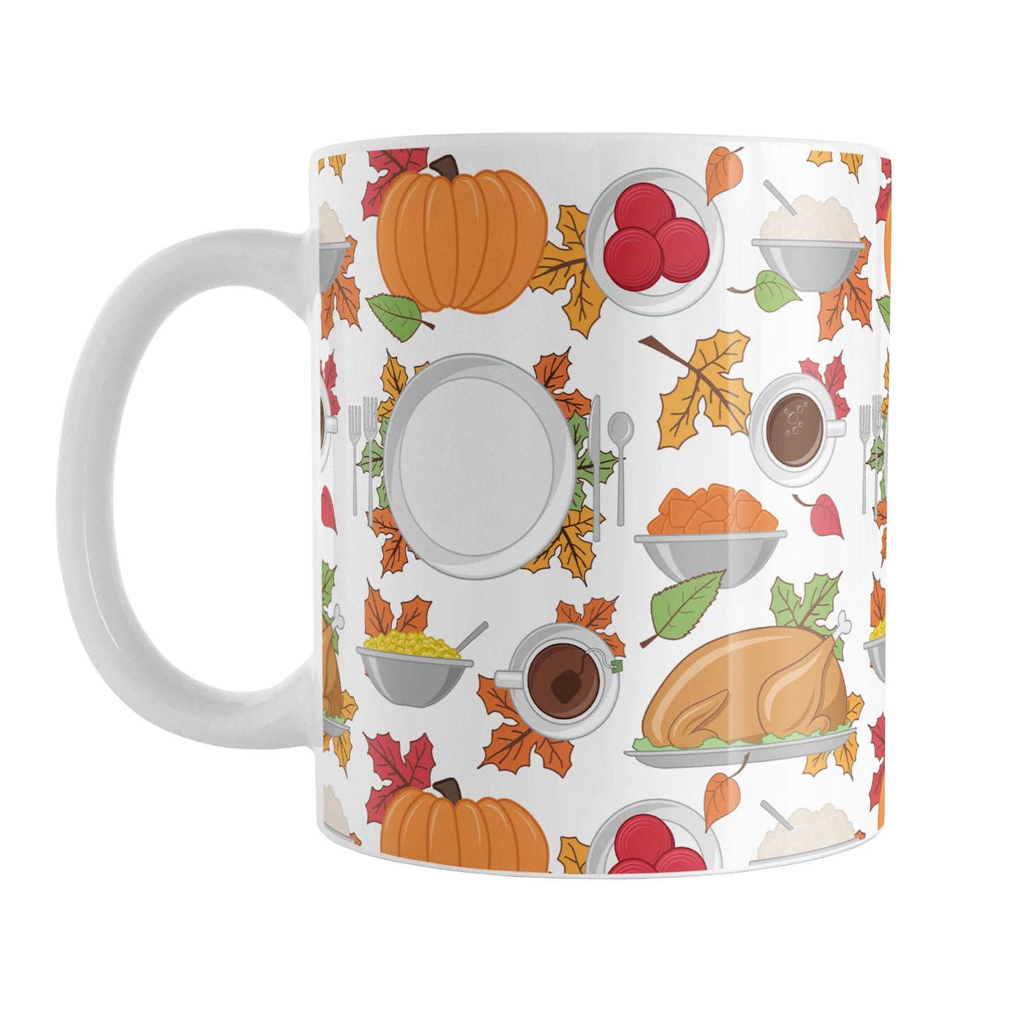 Thanksgiving Dinner Pattern Mug (11oz) at Amy's Coffee Mugs. A ceramic coffee mug designed with Thanksgiving foods for dinner and fall leaves in a pattern that wraps around the mug to the handle. Turkey, pumpkins, mashed potatoes, sweet potatoes, corn, and cranberry sauce, along with a place setting, coffee, and tea are artfully arranged in this intricate design.