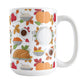 Thanksgiving Dinner Pattern Mug (15oz) at Amy's Coffee Mugs. A ceramic coffee mug designed with Thanksgiving foods for dinner and fall leaves in a pattern that wraps around the mug to the handle. Turkey, pumpkins, mashed potatoes, sweet potatoes, corn, and cranberry sauce, along with a place setting, coffee, and tea are artfully arranged in this intricate design.