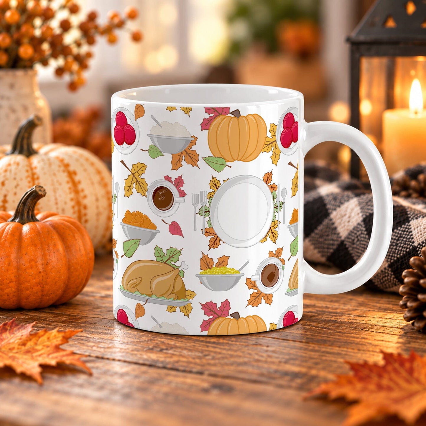 11 oz Thanksgiving dinner mug with roasted turkey, side dishes, pumpkins, autumn leaves, place settings, and warm drinks on white ceramic, set on a wooden table surrounded by autumn decorations.