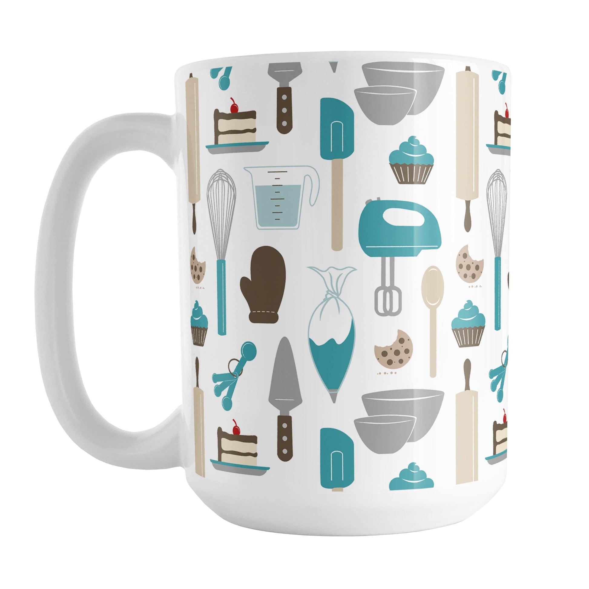 Turquoise Baking Pattern Mug (15oz) at Amy's Coffee Mugs. A ceramic coffee mug designed with a pattern of baking tools like spatulas, whisks, mixers, bowls, and spoons, with cookies, cupcakes, and cake all in a turquoise, gray, brown, and beige color scheme that wraps around the mug.