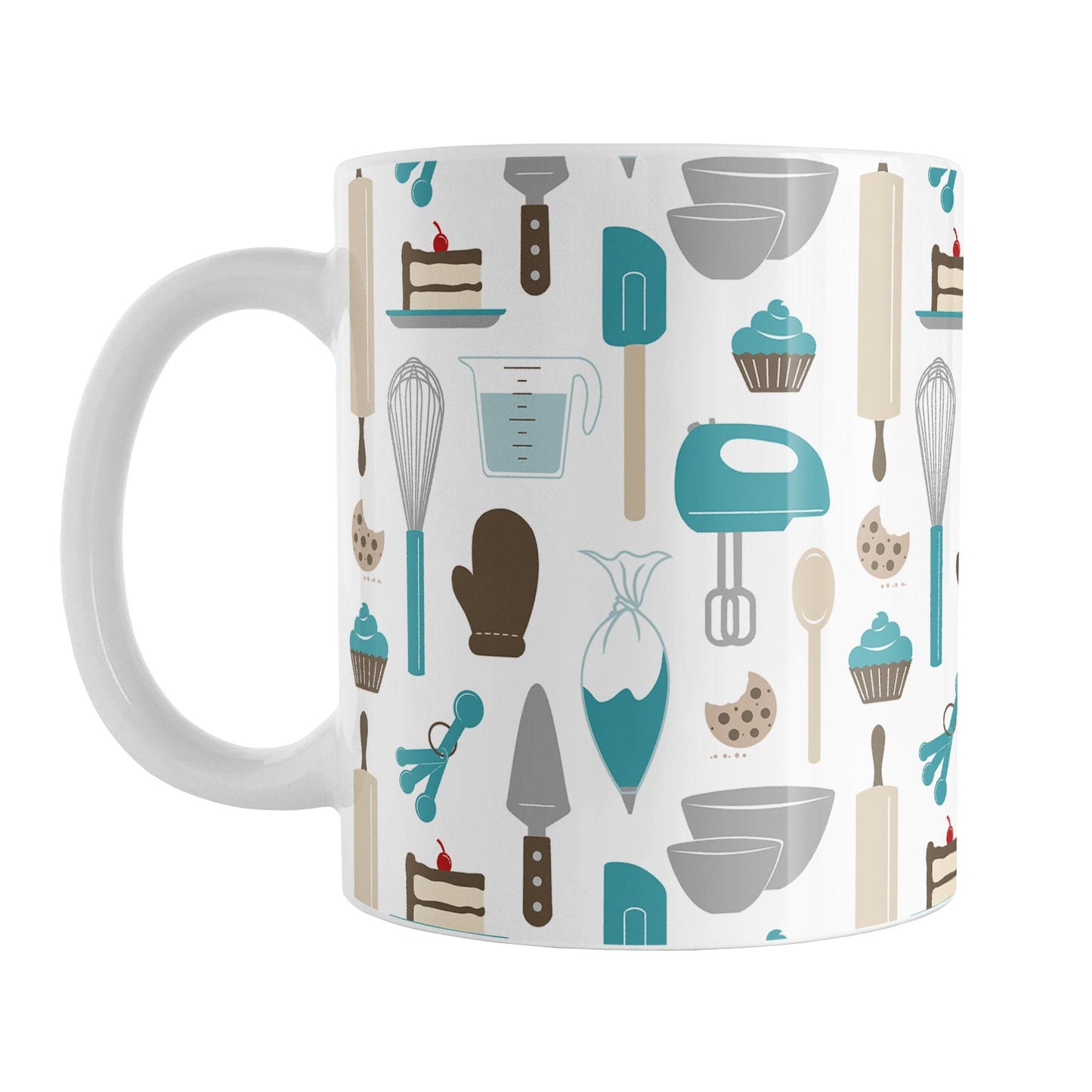 Turquoise Baking Pattern Mug (11oz) at Amy's Coffee Mugs. A ceramic coffee mug designed with a pattern of baking tools like spatulas, whisks, mixers, bowls, and spoons, with cookies, cupcakes, and cake all in a turquoise, gray, brown, and beige color scheme that wraps around the mug.