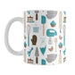 Turquoise Baking Pattern Mug (11oz) at Amy's Coffee Mugs. A ceramic coffee mug designed with a pattern of baking tools like spatulas, whisks, mixers, bowls, and spoons, with cookies, cupcakes, and cake all in a turquoise, gray, brown, and beige color scheme that wraps around the mug.
