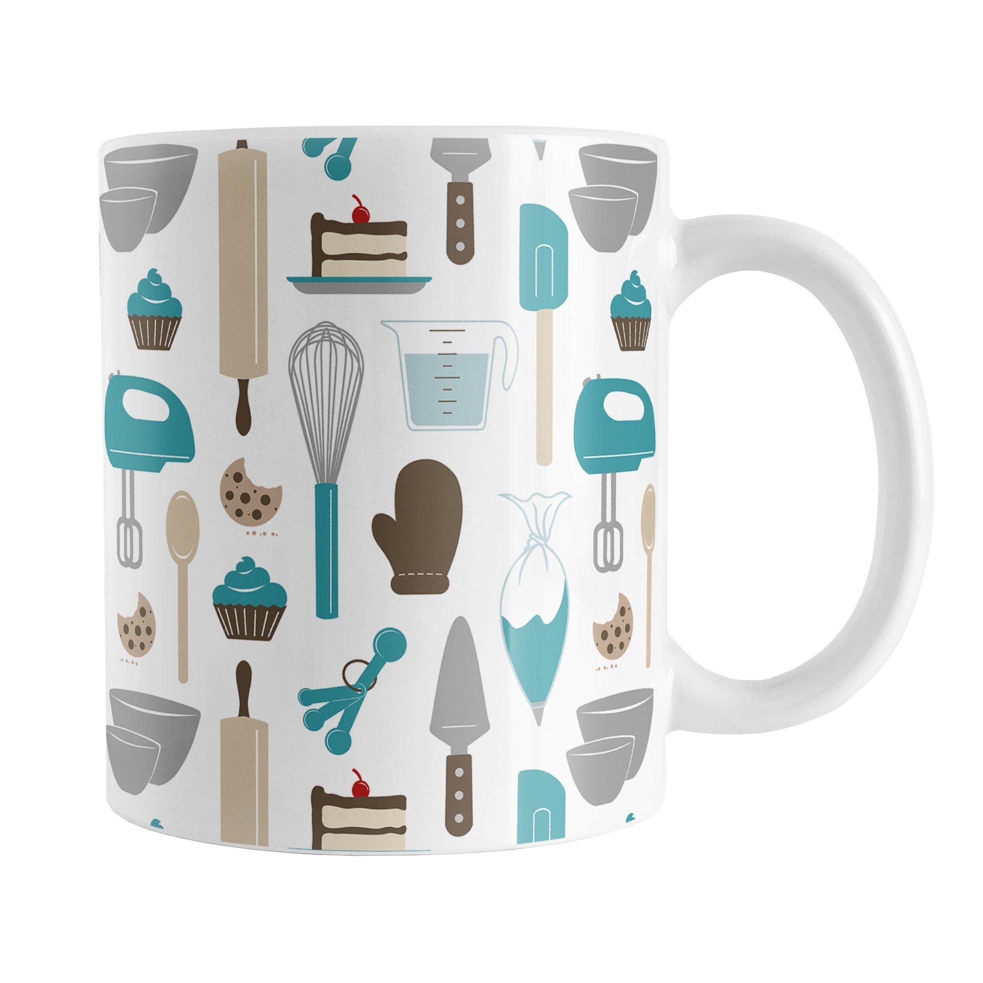 Turquoise Baking Pattern Mug (11oz) at Amy's Coffee Mugs. A ceramic coffee mug designed with a pattern of baking tools like spatulas, whisks, mixers, bowls, and spoons, with cookies, cupcakes, and cake all in a turquoise, gray, brown, and beige color scheme that wraps around the mug.