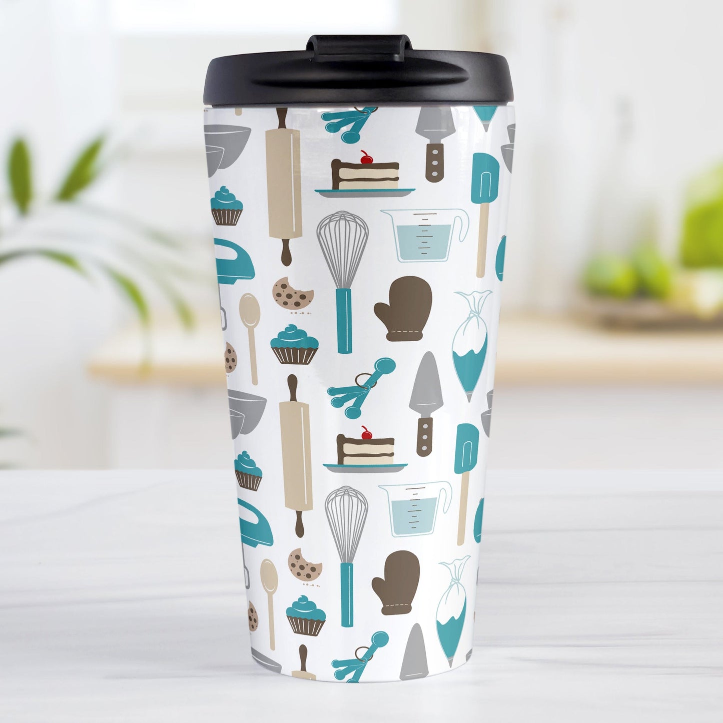 Turquoise Baking Pattern Travel Mug (15oz) at Amy's Coffee Mugs. A stainless steel travel mug designed with a pattern of baking tools like spatulas, whisks, mixers, bowls, and spoons, with cookies, cupcakes, and cake all in a turquoise, gray, brown, and beige color scheme that wraps around the travel mug. 