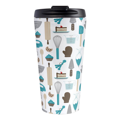 Turquoise Baking Pattern Travel Mug (15oz) at Amy's Coffee Mugs. A stainless steel travel mug designed with a pattern of baking tools like spatulas, whisks, mixers, bowls, and spoons, with cookies, cupcakes, and cake all in a turquoise, gray, brown, and beige color scheme that wraps around the travel mug. 