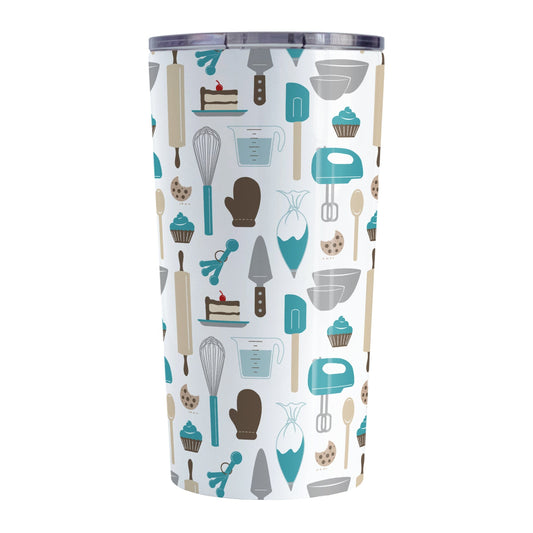 Turquoise Baking Pattern Tumbler Cup (20oz) at Amy's Coffee Mugs. A stainless steel tumbler cup designed with a pattern of baking tools like spatulas, whisks, mixers, bowls, and spoons, with cookies, cupcakes, and cake all in a turquoise, gray, brown, and beige color scheme that wraps around the cup. 