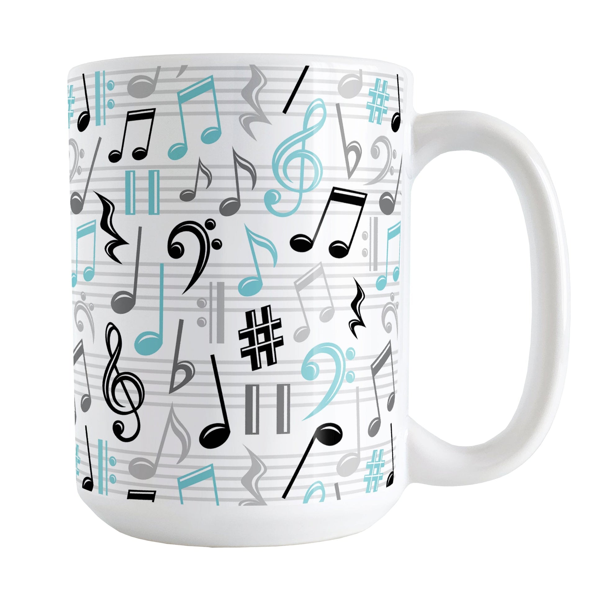Turquoise Music Notes Pattern Mug (15oz) at Amy's Coffee Mugs. A ceramic coffee mug designed with music notes and symbols in turquoise, black, and gray in a pattern that wraps around the mug to the handle.
