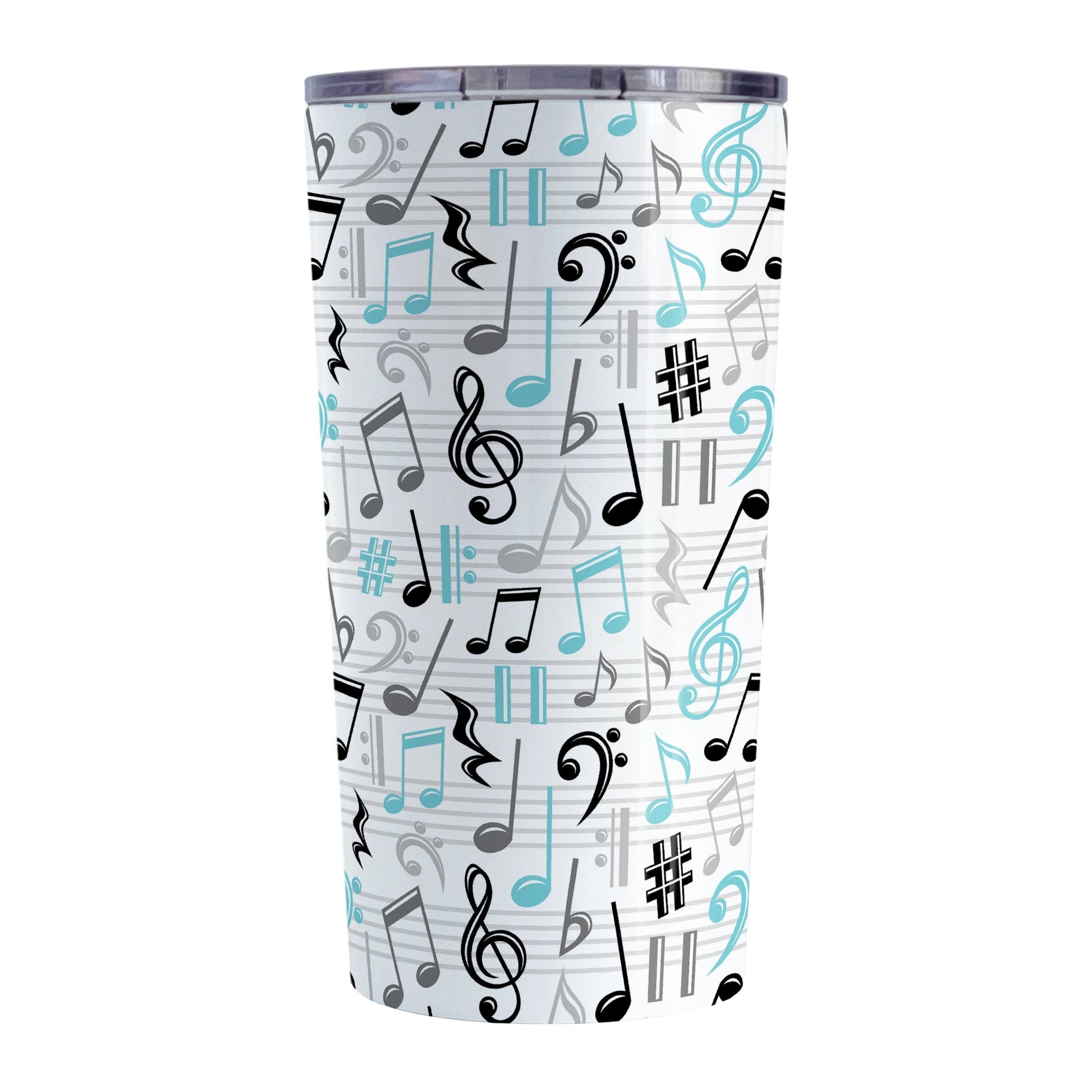 Turquoise Music Notes Pattern Tumbler Cup (20oz) at Amy's Coffee Mugs. A stainless steel tumbler cup designed with music notes and symbols in turquoise, black, and gray in a pattern that wraps around the cup.