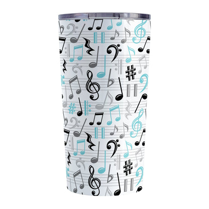 Turquoise Music Notes Pattern Tumbler Cup (20oz) at Amy's Coffee Mugs. A stainless steel tumbler cup designed with music notes and symbols in turquoise, black, and gray in a pattern that wraps around the cup.