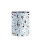 Turquoise Music Notes Pattern Tumbler Cup (10oz) at Amy's Coffee Mugs. A stainless steel tumbler cup designed with music notes and symbols in turquoise, black, and gray in a pattern that wraps around the cup.