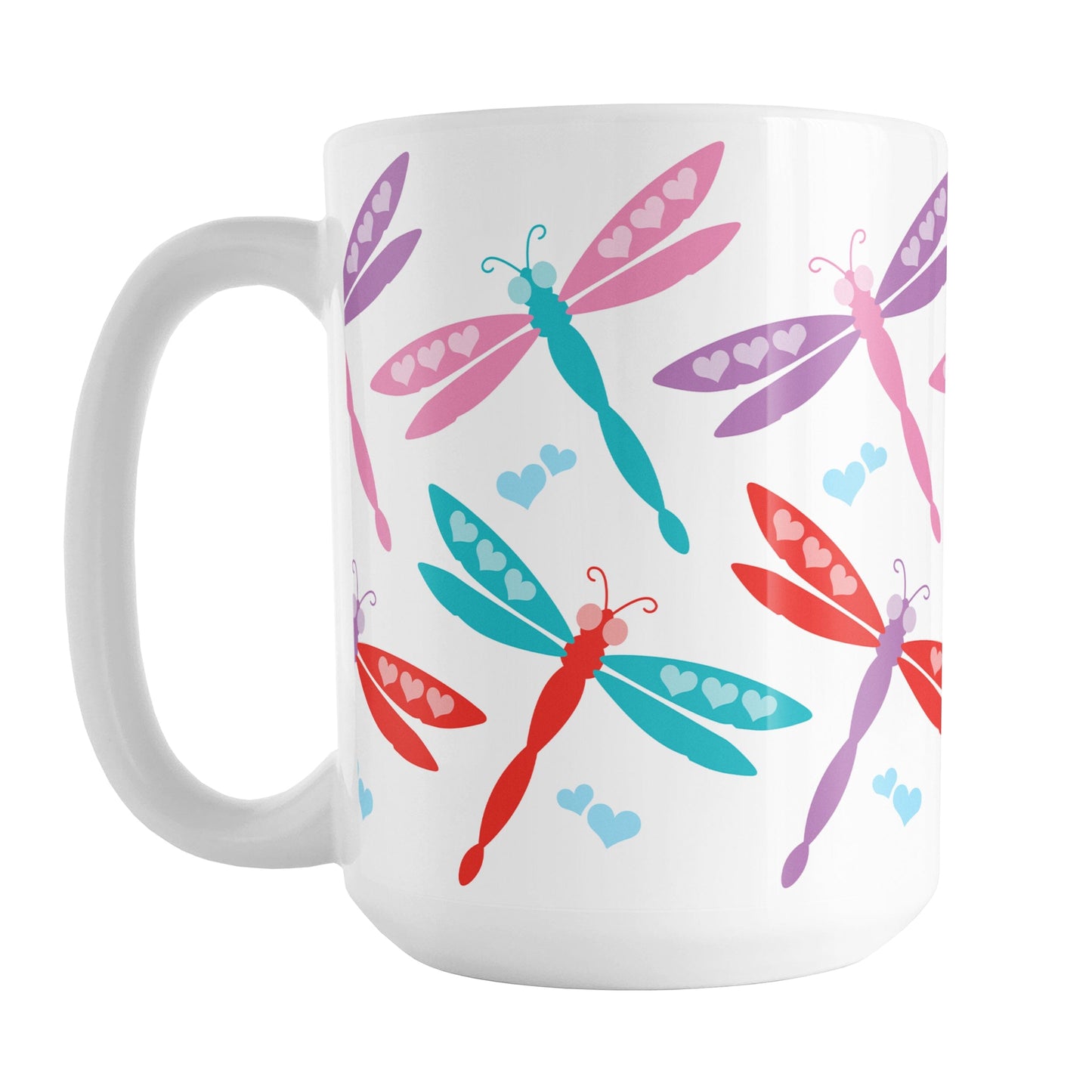15oz white ceramic coffee mug with a colorful dragonfly design, perfect for Valentine's Day