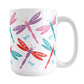 15oz white ceramic coffee mug with a colorful dragonfly design, perfect for Valentine's Day