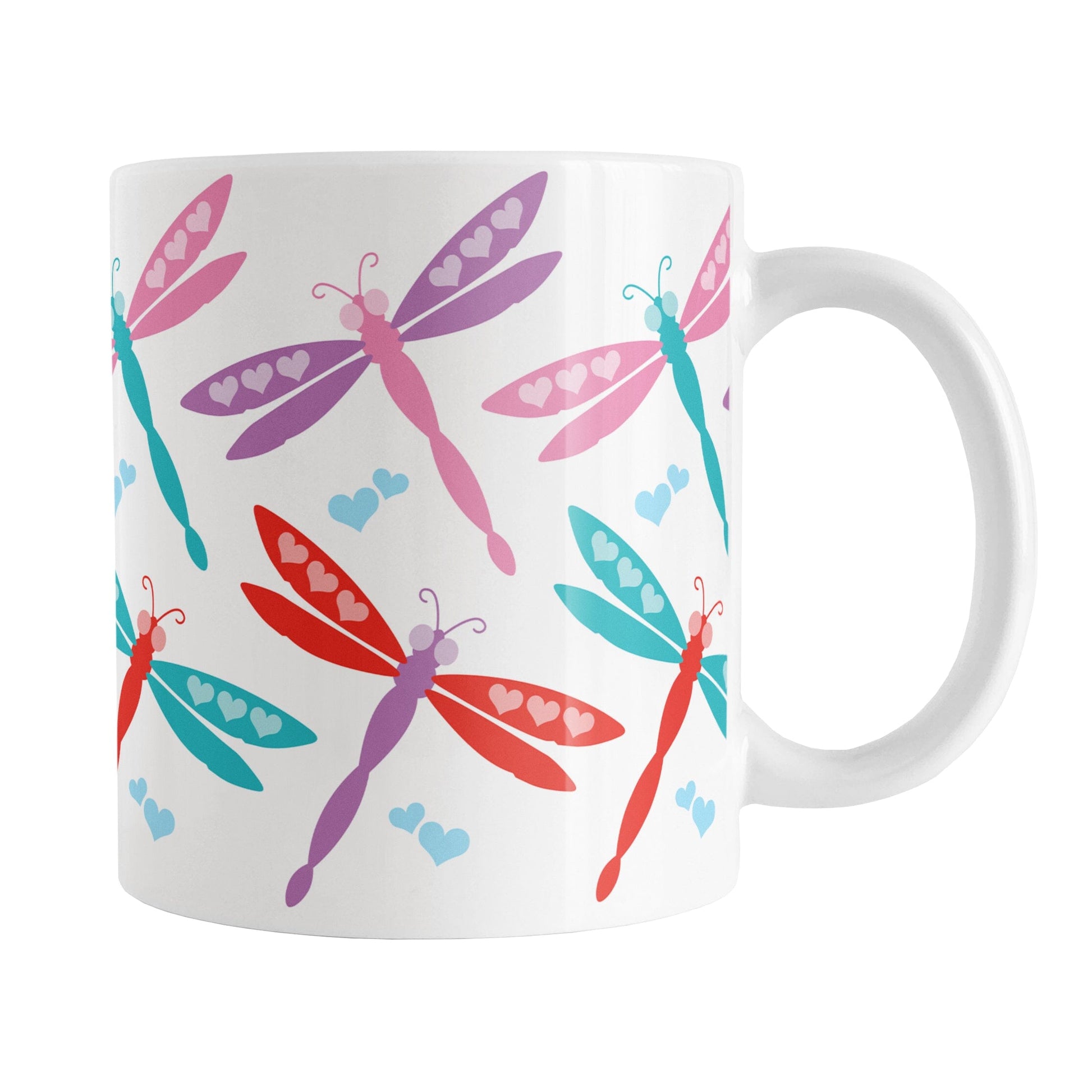11oz white ceramic coffee mug with a colorful dragonfly design, perfect for Valentine's Day