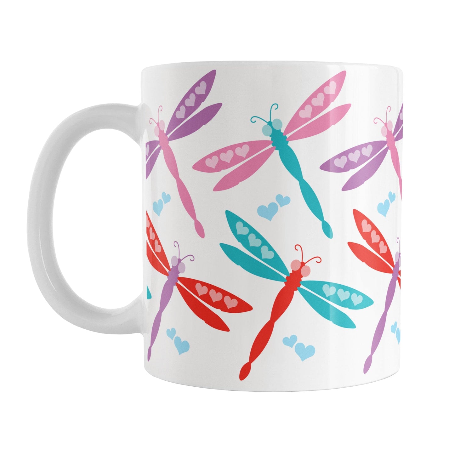 11oz white ceramic coffee mug with a colorful dragonfly design, perfect for Valentine's Day