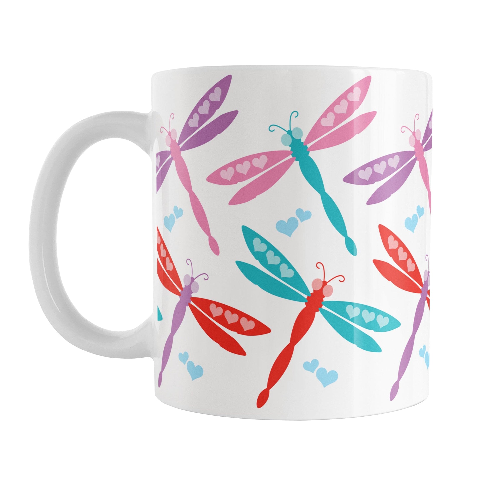 11oz white ceramic coffee mug with a colorful dragonfly design, perfect for Valentine's Day