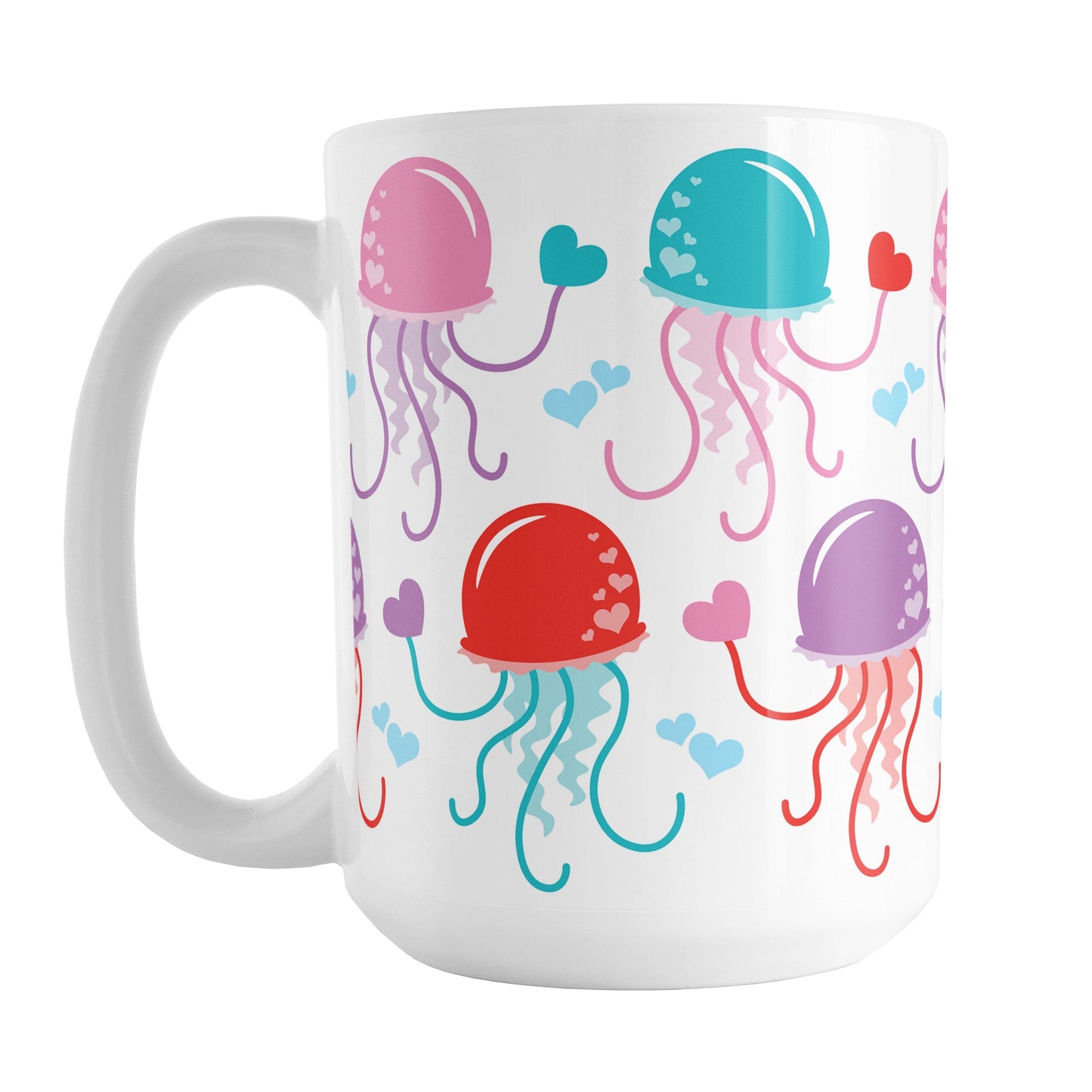 15oz white mug with a cute pattern of pink, purple, red, and teal jellyfish, perfect for Valentine's Day