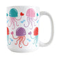 15oz white mug with a cute pattern of pink, purple, red, and teal jellyfish, perfect for Valentine's Day