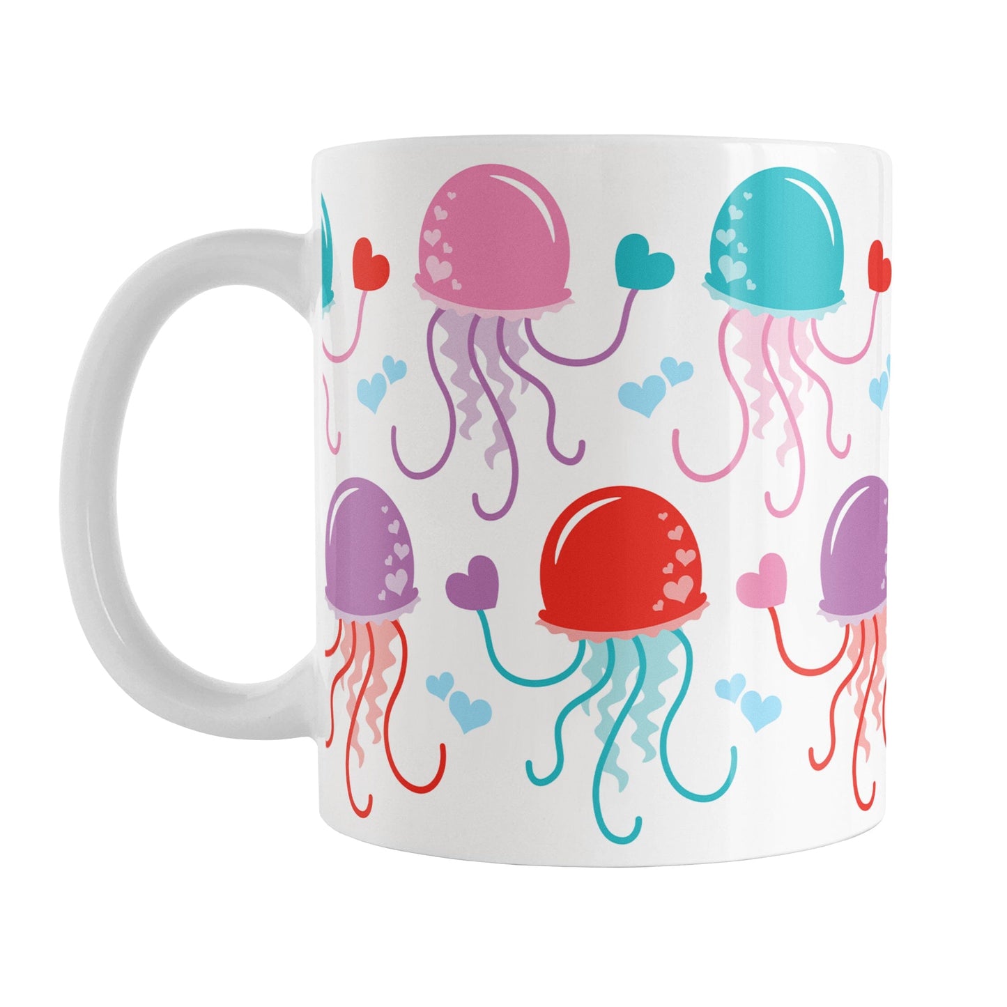 11oz white mug with a cute pattern of pink, purple, red, and teal jellyfish, perfect for Valentine's Day