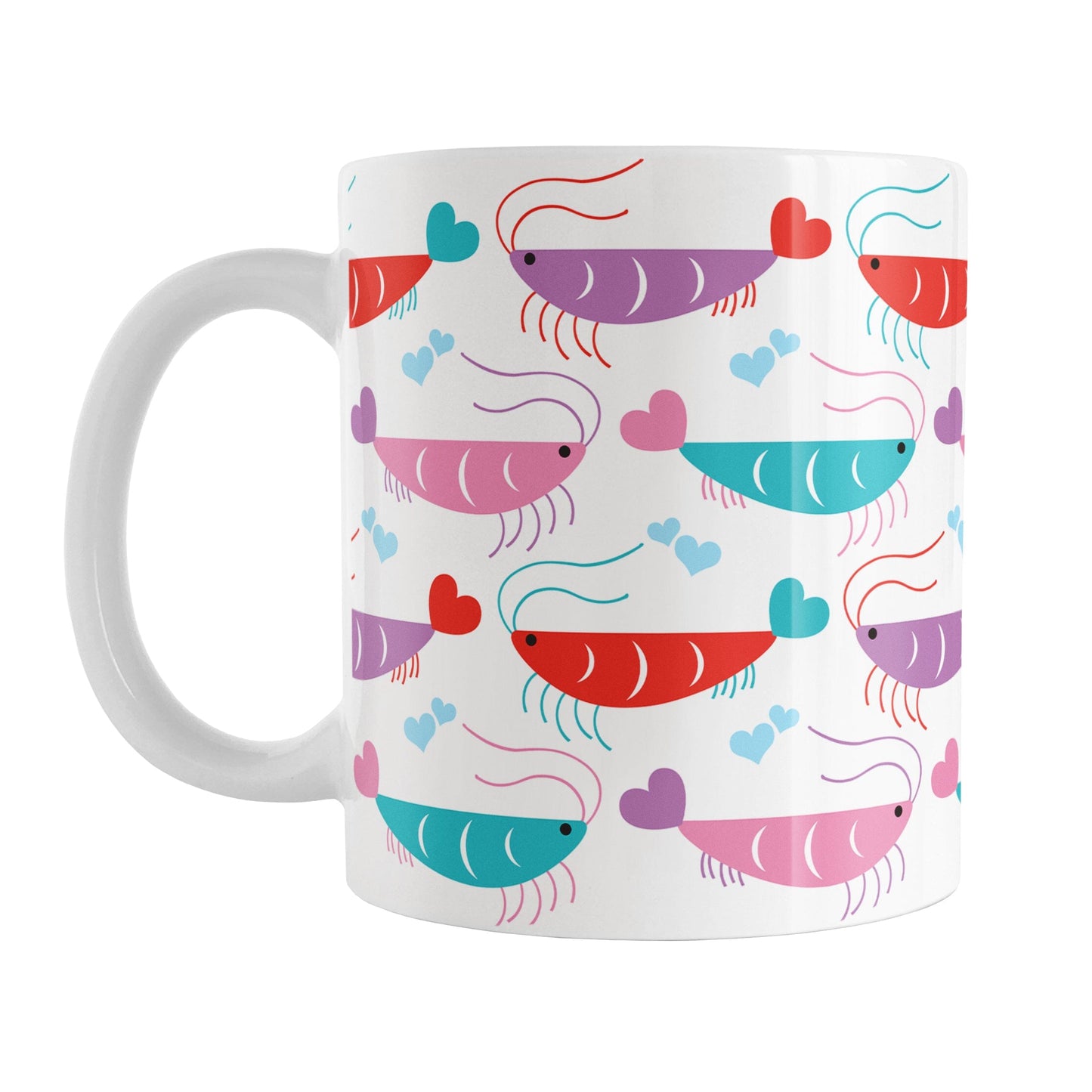 An 11oz white mug with a cute pattern of pink, purple, red, and teal shrimp, perfect for Valentine's Day