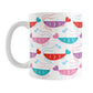 An 11oz white mug with a cute pattern of pink, purple, red, and teal shrimp, perfect for Valentine's Day
