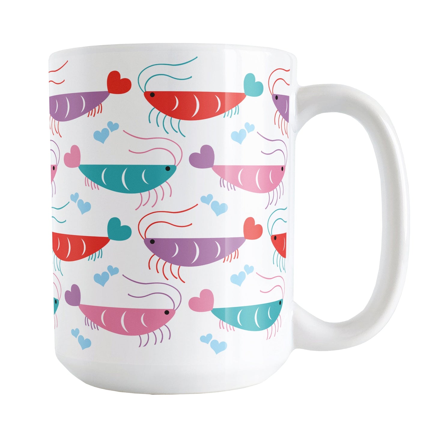 A 15oz white mug with a cute pattern of pink, purple, red, and teal shrimp, perfect for Valentine's Day