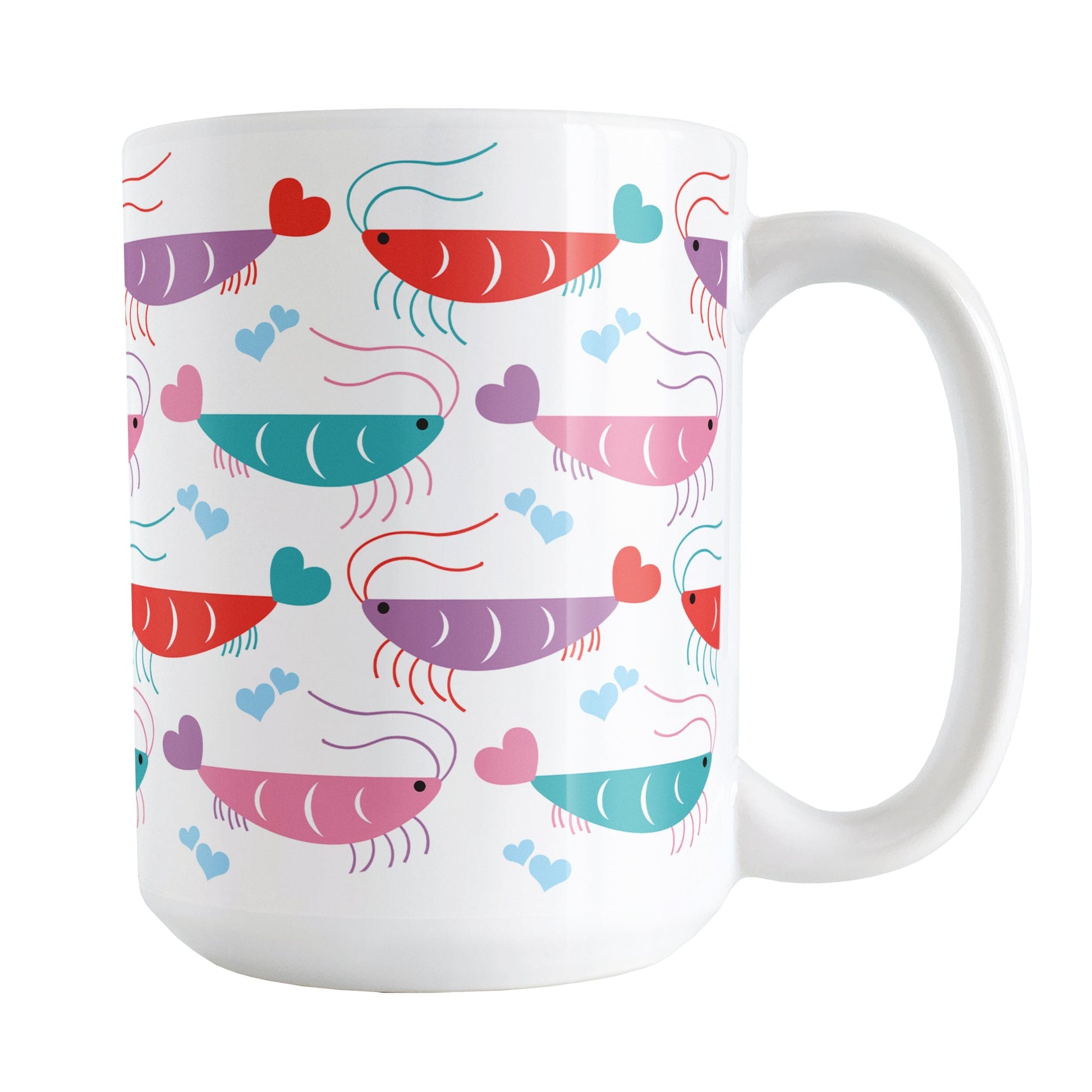 A 15oz white mug with a cute pattern of pink, purple, red, and teal shrimp, perfect for Valentine's Day