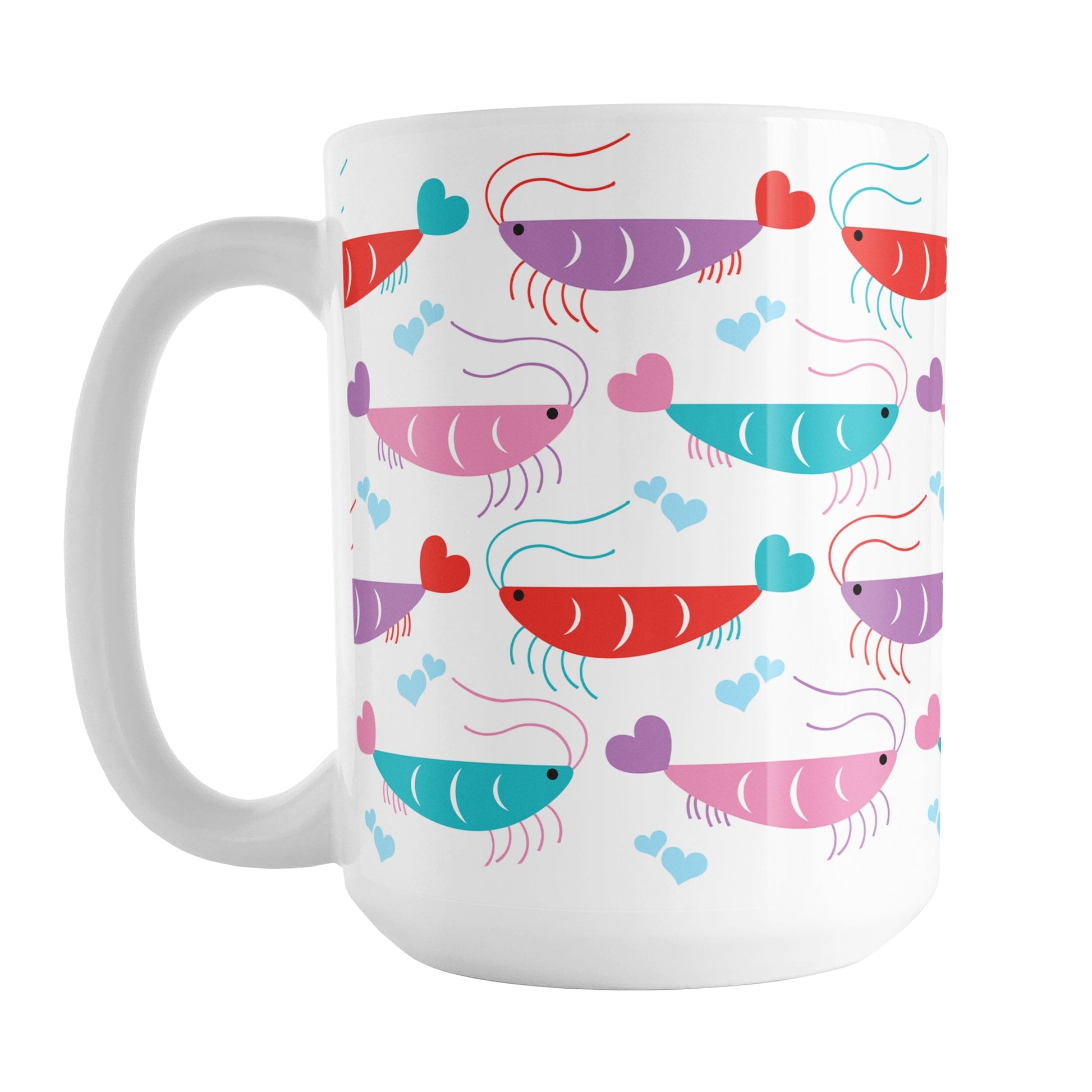 A 15oz white mug with a cute pattern of pink, purple, red, and teal shrimp, perfect for Valentine's Day