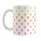 Warm Ombre Polka Dots Mug (11oz) at Amy's Coffee Mugs. A ceramic coffee mug designed with polka dots in a gradient color progression with yellow, orange, peach, and pink in a pattern that wraps around the mug to the handle.