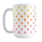 Warm Ombre Polka Dots Mug (15oz) at Amy's Coffee Mugs. A ceramic coffee mug designed with polka dots in a gradient color progression with yellow, orange, peach, and pink in a pattern that wraps around the mug to the handle.