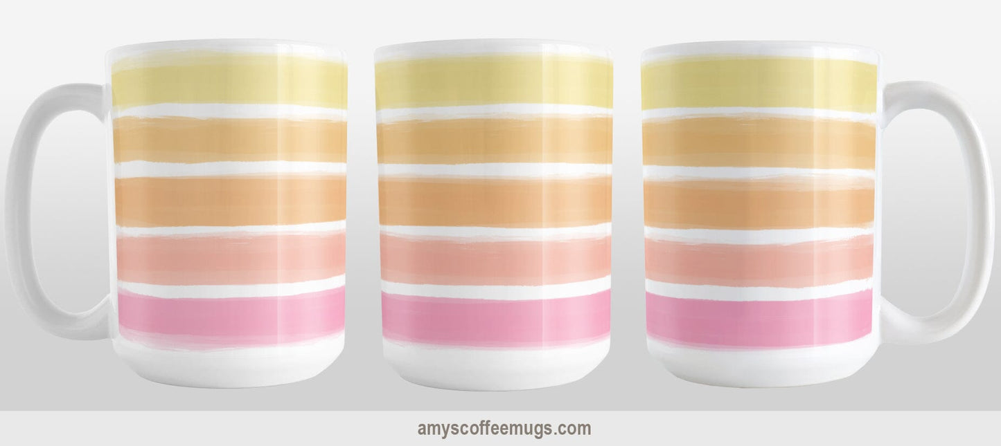 Warm Paint Strokes Mug (15oz) at Amy's Coffee Mugs. A ceramic coffee mug designed with a pattern of horizontal stripes done in a paint strokes illustration in warm colors that wraps around the mug to the handle. These warm colors include pink, peach, orange, and yellow tones. Image shows three views of the mug to display the complete design.