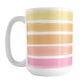 Warm Paint Strokes Mug (15oz) at Amy's Coffee Mugs. A ceramic coffee mug designed with a pattern of horizontal stripes done in a paint strokes illustration in warm colors that wraps around the mug to the handle. These warm colors include pink, peach, orange, and yellow tones.