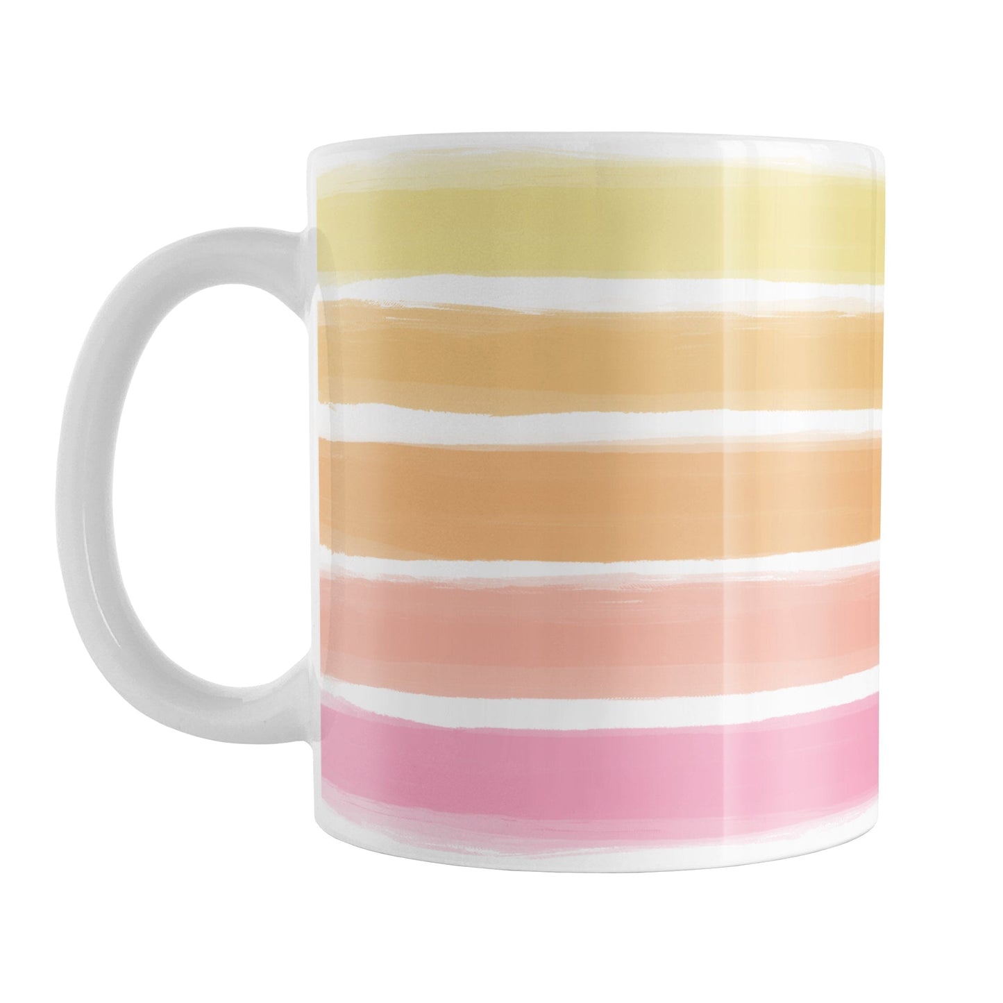 Warm Paint Strokes Mug (11oz) at Amy's Coffee Mugs. A ceramic coffee mug designed with a pattern of horizontal stripes done in a paint strokes illustration in warm colors that wraps around the mug to the handle. These warm colors include pink, peach, orange, and yellow tones.