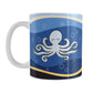 11oz white mug with an octopus over a wavy blue background design