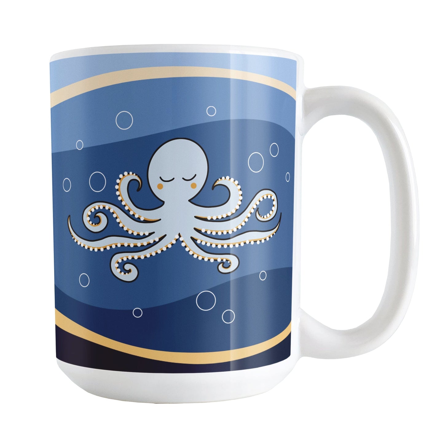15oz white mug with an octopus over a wavy blue background design