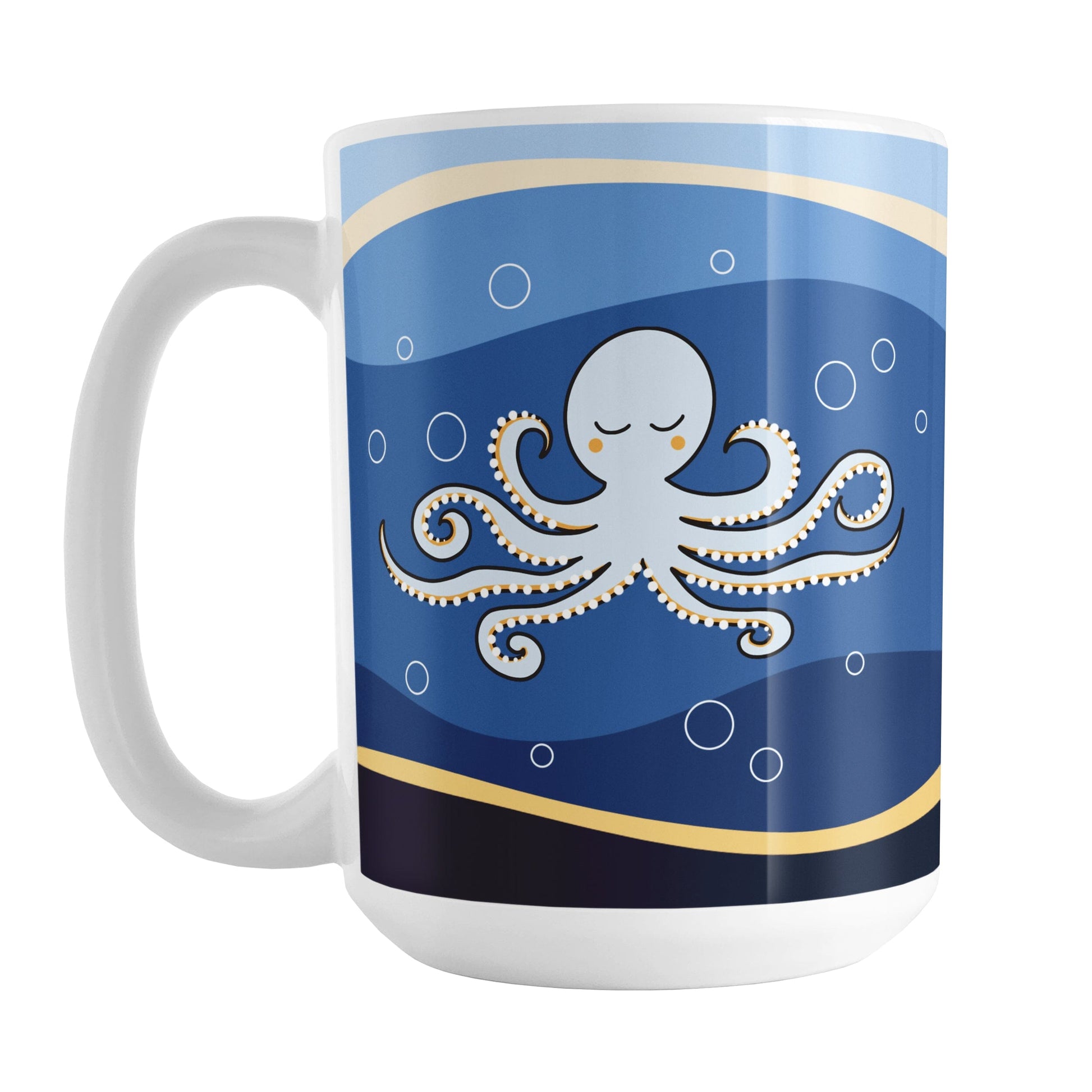 15oz white mug with an octopus over a wavy blue background design