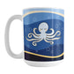 15oz white mug with an octopus over a wavy blue background design