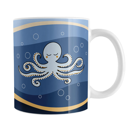 Wavy Blue Octopus Mug (11oz) at Amy's Coffee Mugs. A ceramic coffee mug designed with an illustration of a happy light blue octopus over a wavy blue and orange background with bubble circles on both sides of the mug.