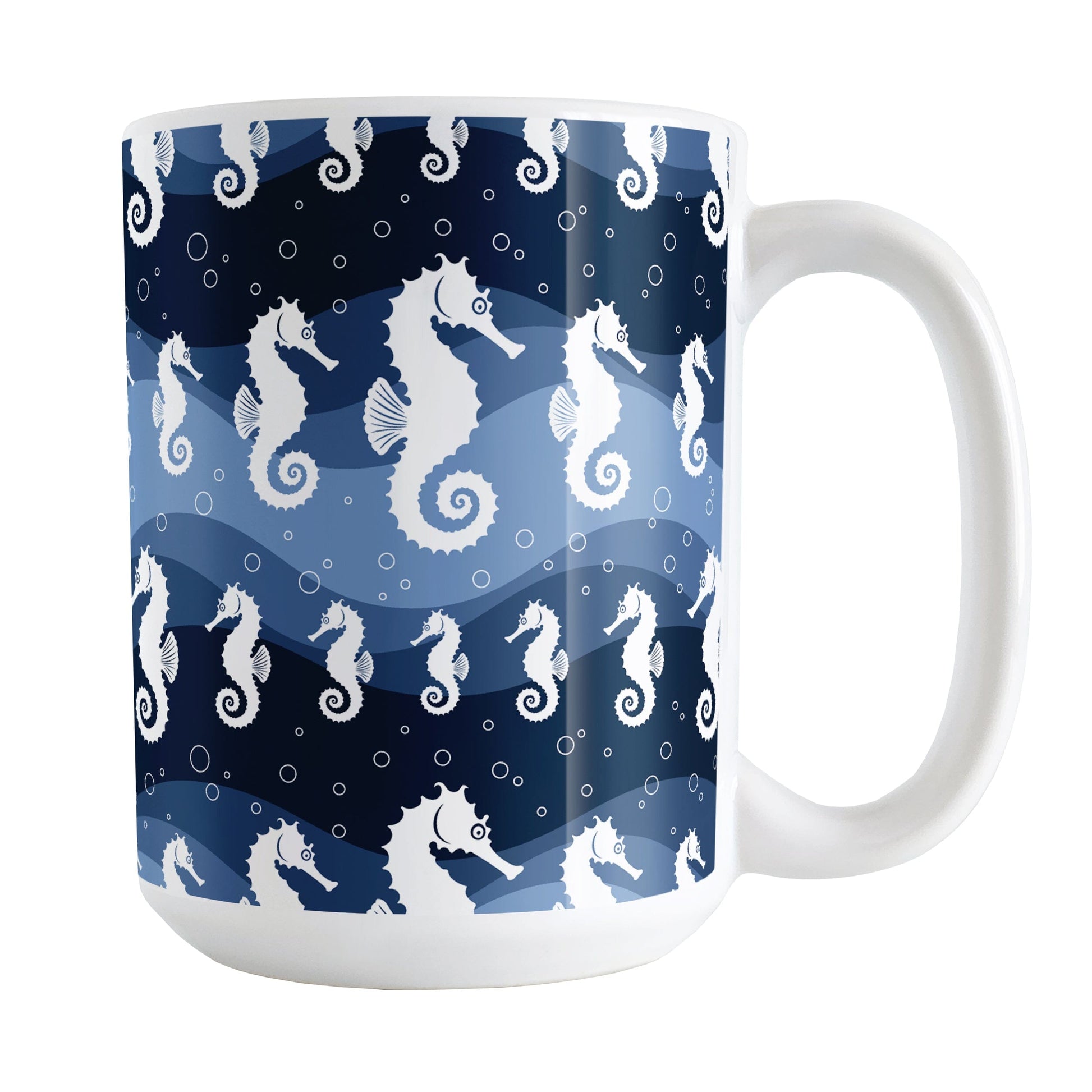 Wavy Blue Seahorse Mug (15oz) at Amy's Coffee Mugs. A ceramic coffee mug designed with white silhouette seahorses over a wavy blue background in different shades of navy blue with white circle line bubbles all in a pattern that wraps around the mug up to the handle.