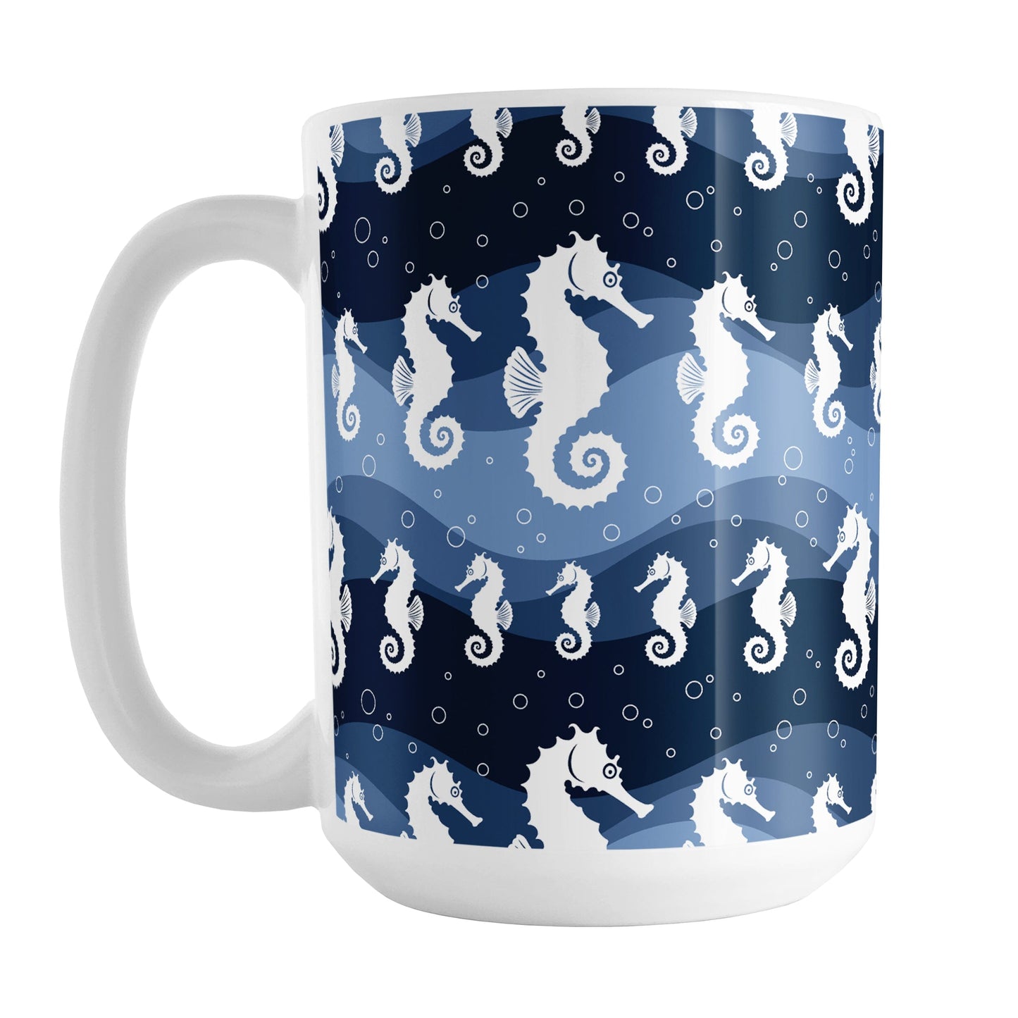 Wavy Blue Seahorse Mug (15oz) at Amy's Coffee Mugs. A ceramic coffee mug designed with white silhouette seahorses over a wavy blue background in different shades of navy blue with white circle line bubbles all in a pattern that wraps around the mug up to the handle.