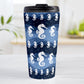 Wavy Blue Seahorse Travel Mug at Amy's Coffee Mugs. A 15oz travel mug designed with white silhouette seahorses over a wavy blue background in different shades of navy blue with white circle line bubbles all in a pattern that wraps around the travel mug.