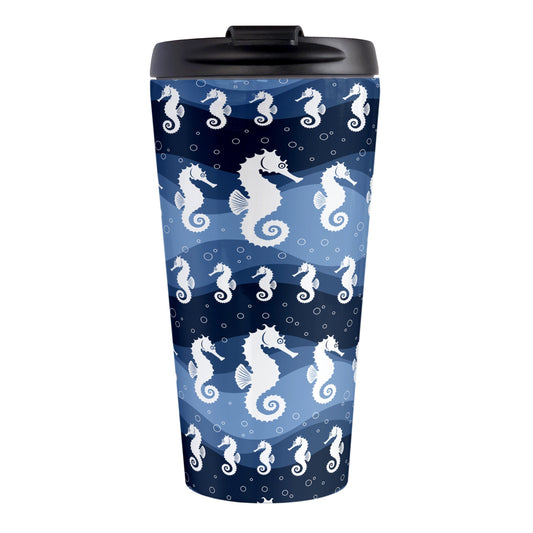 Wavy Blue Seahorse Travel Mug at Amy's Coffee Mugs. A 15oz travel mug designed with white silhouette seahorses over a wavy blue background in different shades of navy blue with white circle line bubbles all in a pattern that wraps around the travel mug.