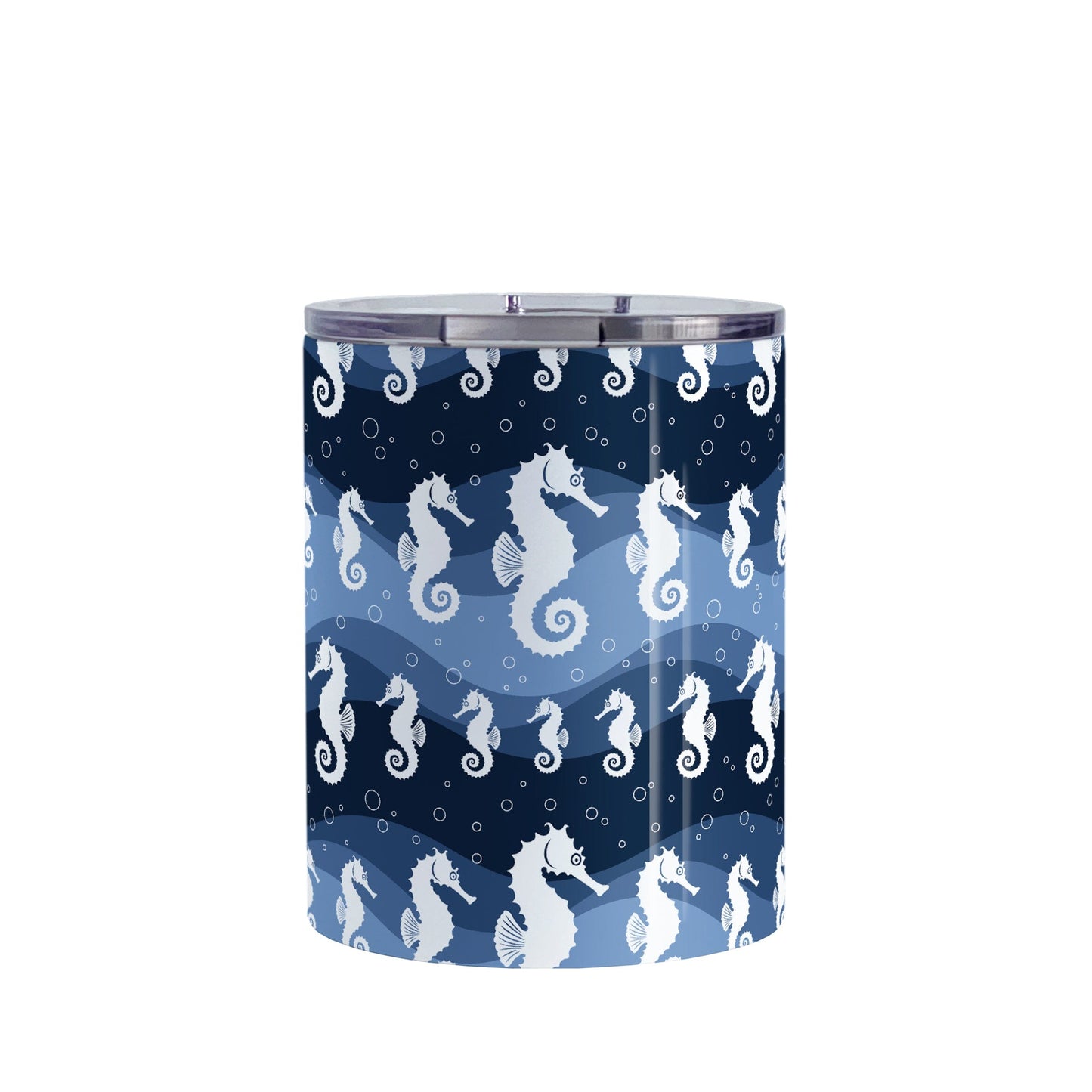 Wavy Blue Seahorse Tumbler Cup (10oz) at Amy's Coffee Mugs. A tumbler cup designed with white silhouette seahorses over a wavy blue background in different shades of navy blue with white circle line bubbles all in a pattern that wraps around the cup.