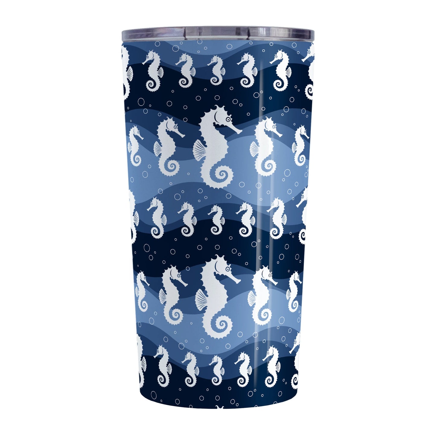 Wavy Blue Seahorse Tumbler Cup (20oz) at Amy's Coffee Mugs. A tumbler cup designed with white silhouette seahorses over a wavy blue background in different shades of navy blue with white circle line bubbles all in a pattern that wraps around the cup.