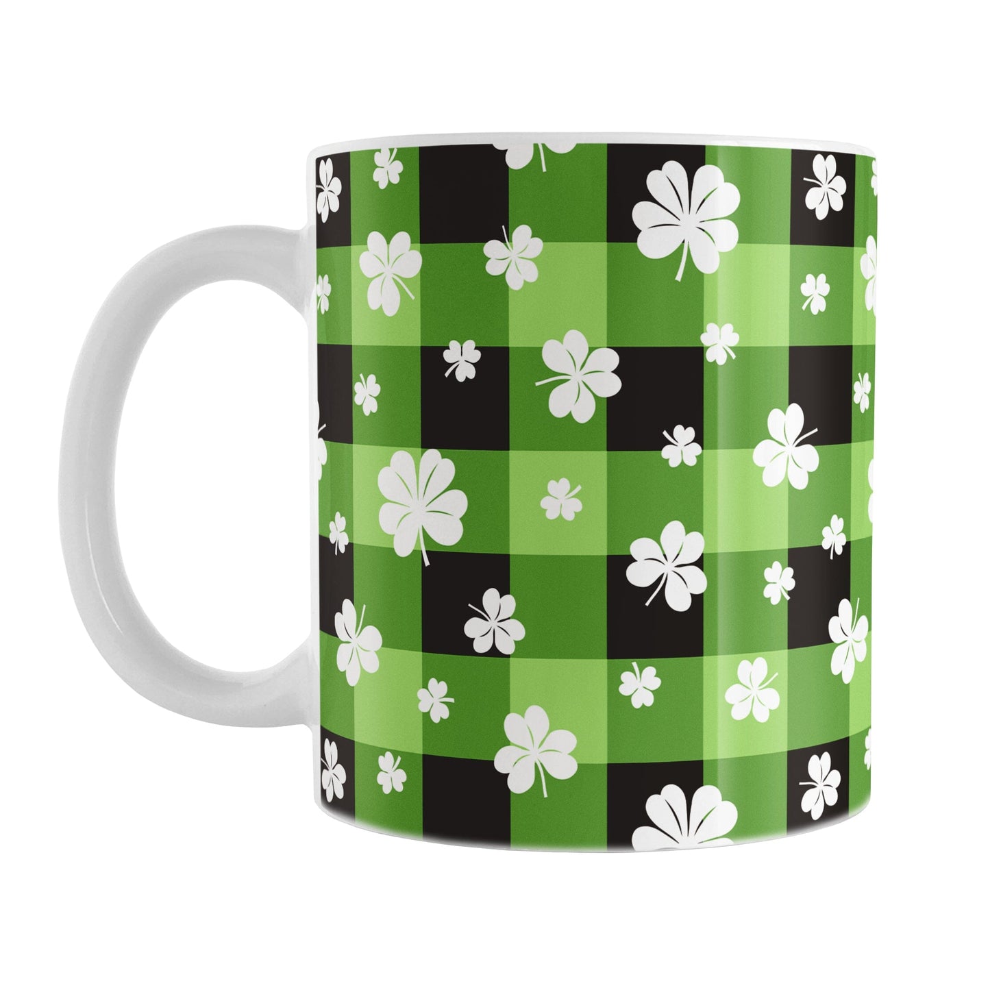 11oz mug with green and black checkered (buffalo plaid) pattern and white shamrocks and four-leaf clovers