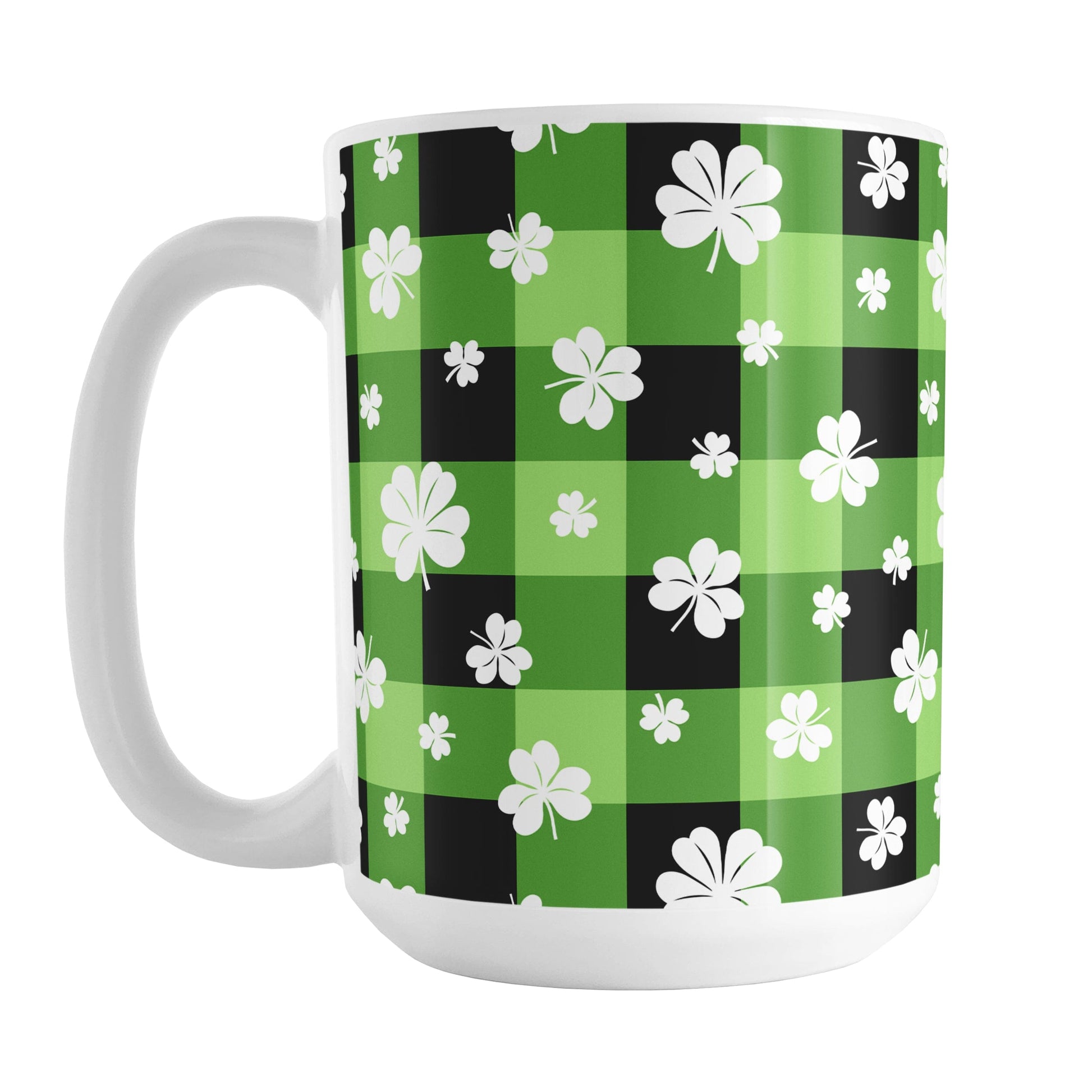 15oz mug with green and black checkered (buffalo plaid) pattern and white shamrocks and four-leaf clovers